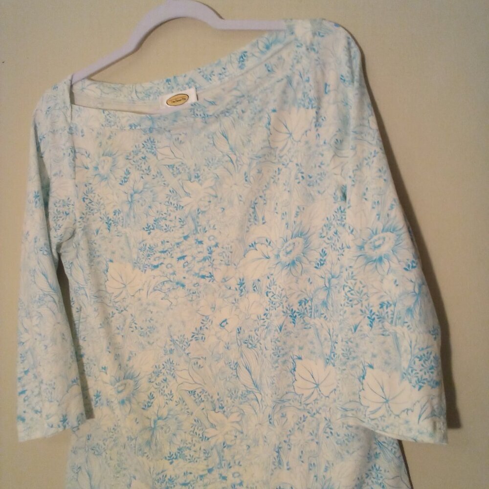 Talbots Shirt Women M 3/4 Sleeve Soft Stretch Pattern Blue White - Picture 7 of 15